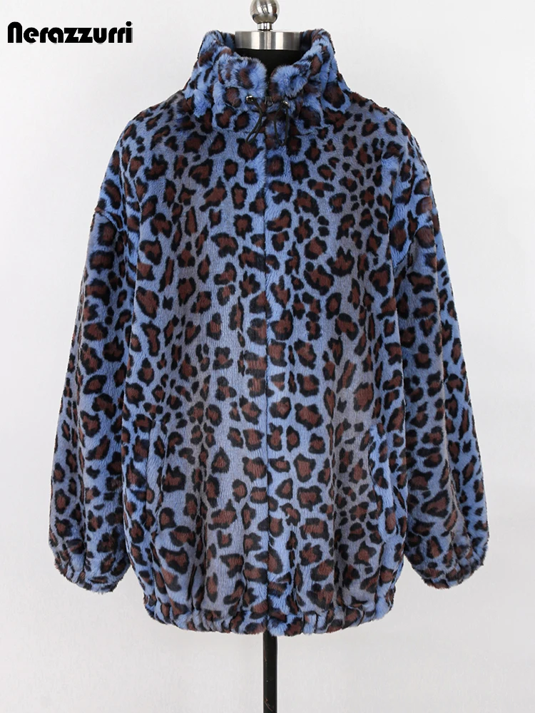 Nerazzurri Winter Oversized Colorful Leopard Print Thick Warm Hairy Faux Fur Coat Women Stand Collar Zip Up Casual Fluffy Jacket