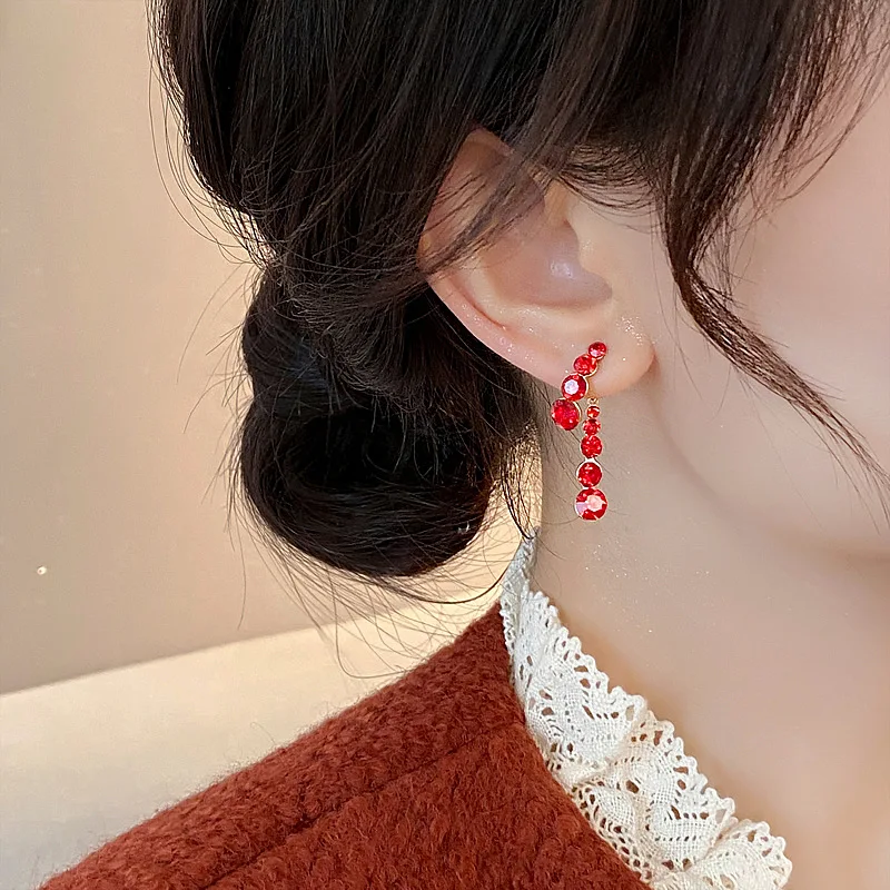 Shinning Rhinestones Red Earrings For Women Korean Style Etrendy New Simple Charming Earings