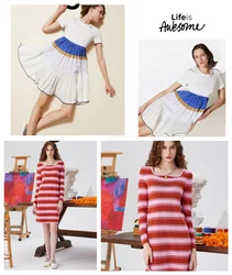 Spanish foreign trade new embroidery splicing strip slim mid-length women's dress