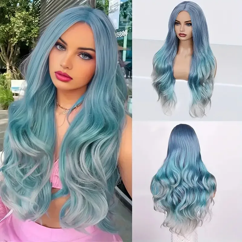 

European and American women's synthetic wig, blue gradient middle part,long wavy curls wig, natural fluffy festivals and parties