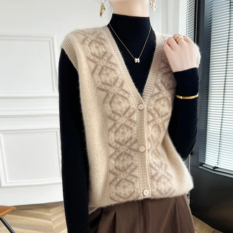 

Women 100% Merino Wool Fashion Color-Blocked Sleeveless V-Neck Knit Vest Cardigan Cashmere Comfortable Soft Warm Clothing Top