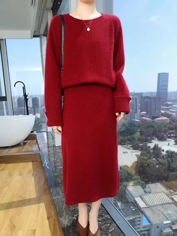 TLOML Autumn Winter Thick Women 100%Mink Cashmere Sweater Suit O-neck Pullover Straight Tube Skirt Simple Cashmere Knitwear Suit