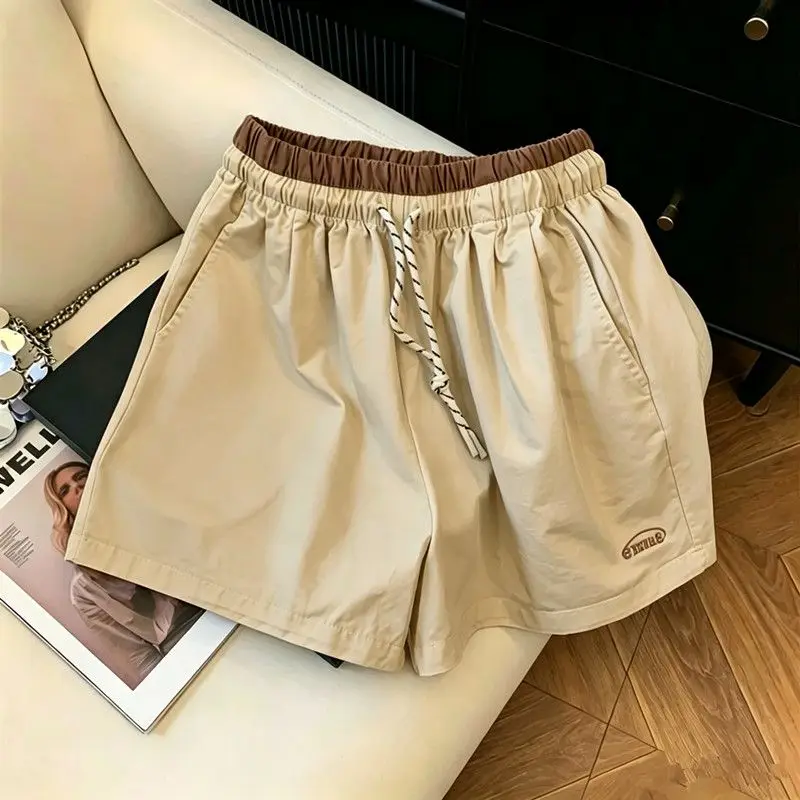2026 New Summer Korean Fashion Patchwork Elastic Waist Shorts Women Clothes Simplicity All-match Drawstring High Waist Pants