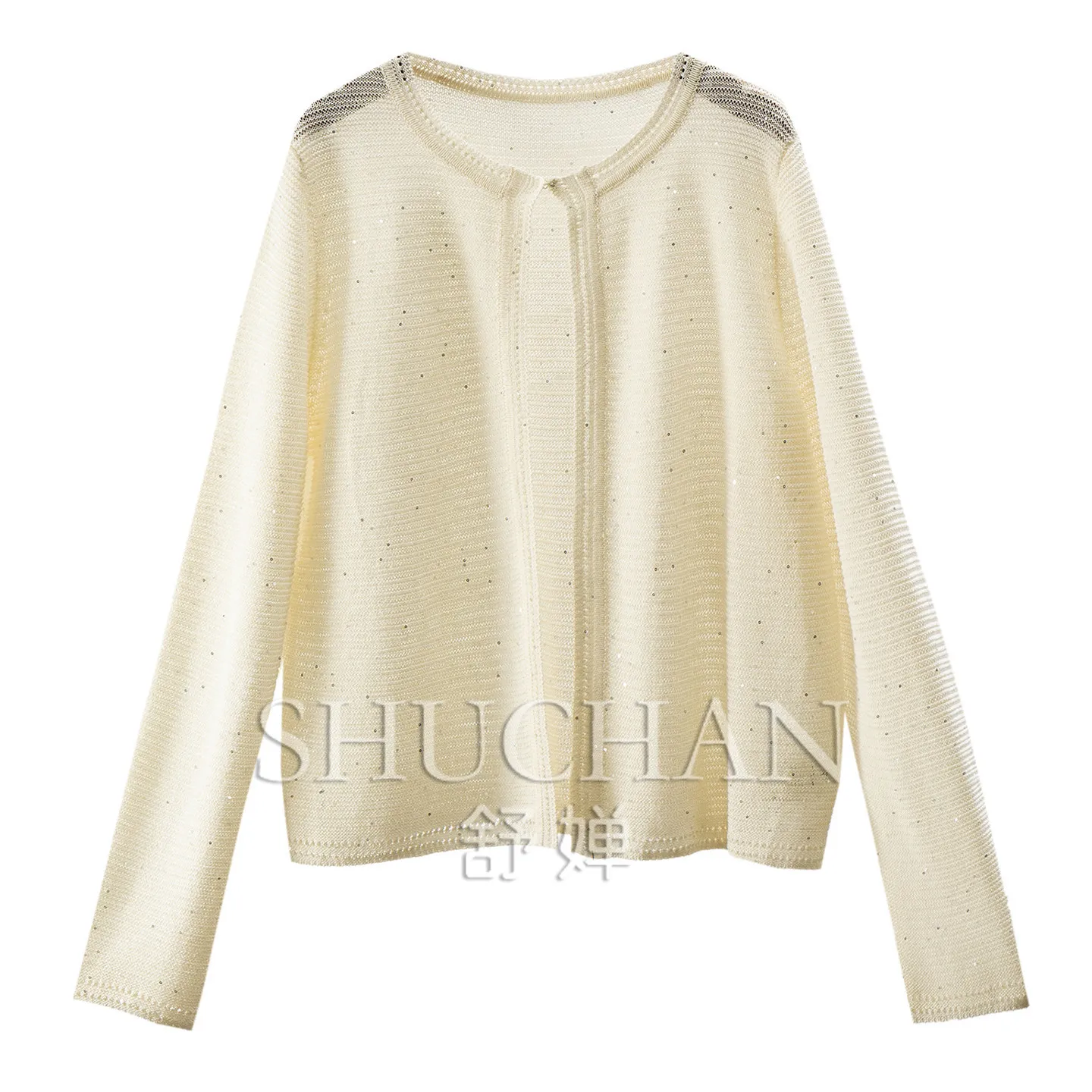 Star Woolen Light Knitting, Exquisite Sense of Cabinet Loose Sequins Hollowed Out Lyocell Knitted Cardigan Women F015
