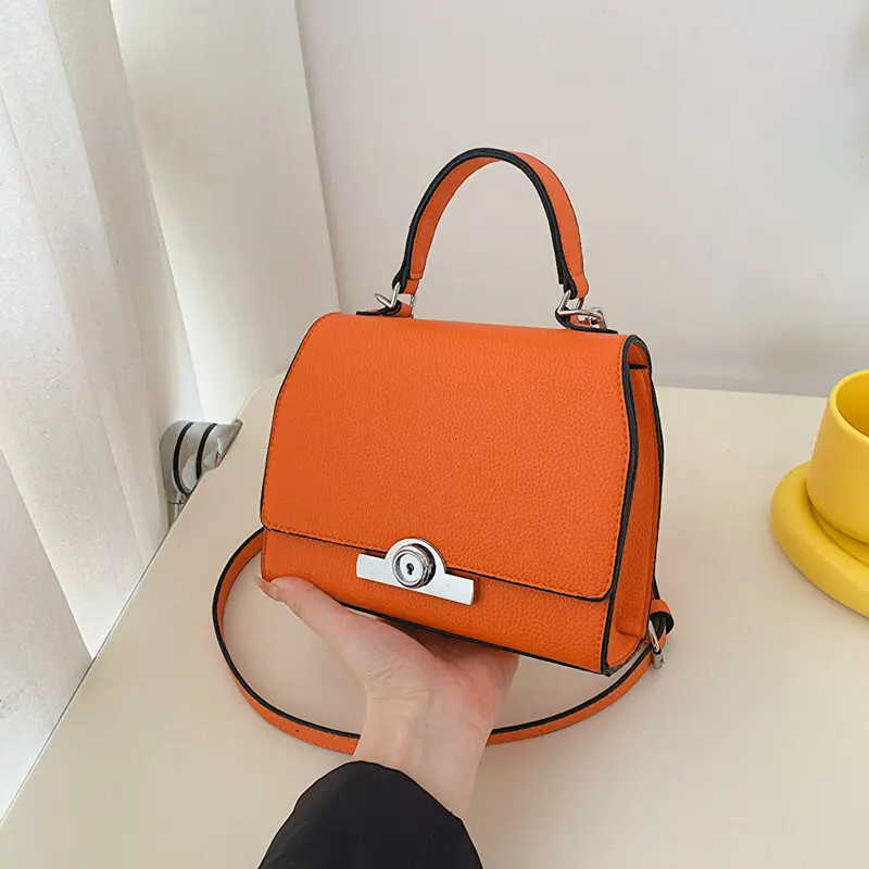 Crossbody Lychee Patroon Kleine Vierkante Tas 2024 Nieuwe Oranje Lederen Sleutel Design Flip Cover Dames Crossbody Tas