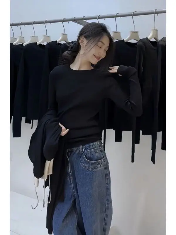 Women's Slim Fit Long Sleeve round Neck T-Shirt Back Hollow out Base Shirt Casual Style Spring Autumn New Arrival Slimming Top