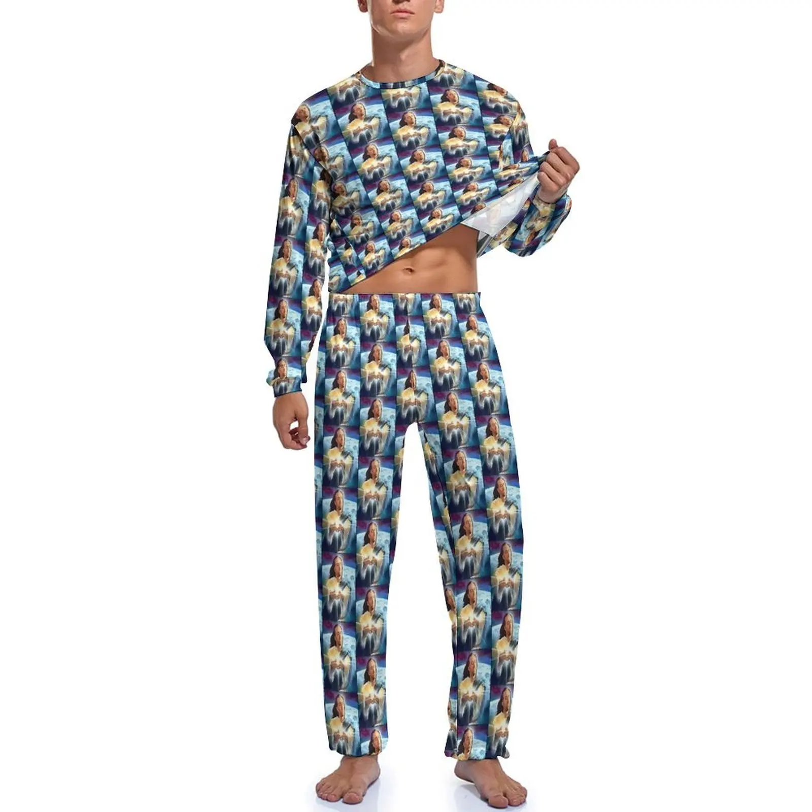 Jesus Nicholas Cage Pyjamas mit langen Ärmeln, zweiteilige Zimmer-Pyjama-Sets, tägliche Herren-Nachtwäsche, individuelle coole Nachtwäsche