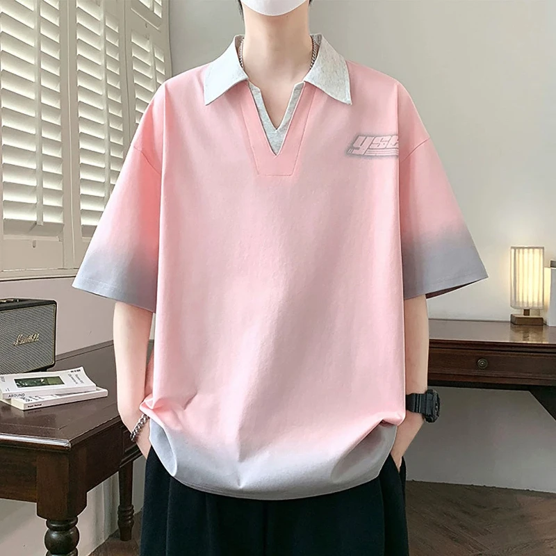 

Polo Shirt For Men Casual Loose Fit Gradient Color Short Sleeve With Letter Patch Design Summer Wear