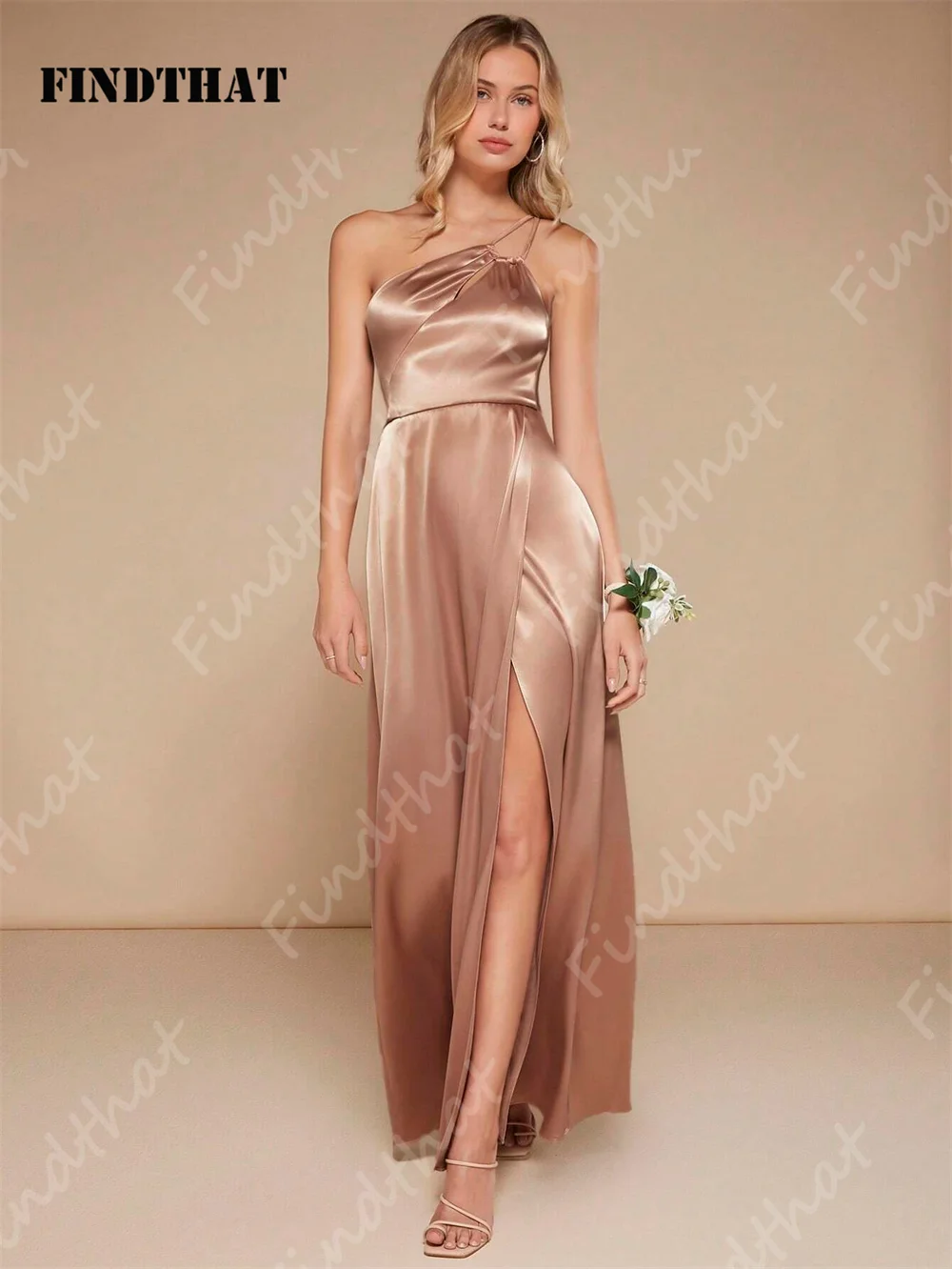 Findthat One Shoulder Wrap Hem Satin Bridesmaid Dresses 2024 Simple Sleeveless Evening Formal Gown A-Line Side Slit Floor Length