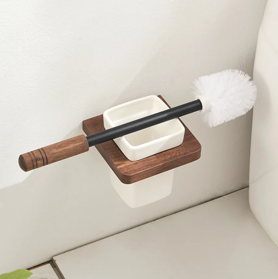 Soft Bristle Toilet Brush Wall Hanging Ceramic Base Solid Wood Shelf Stainless Handle WC Cleaning Tool Bathroom Accessories Sets