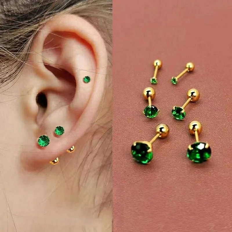 2PC Stainless Steel Little Green Cubic Zirconia Ear Studs Earrings For Women Tiny Helix Tragus Piercing Earring Korean Jewelry