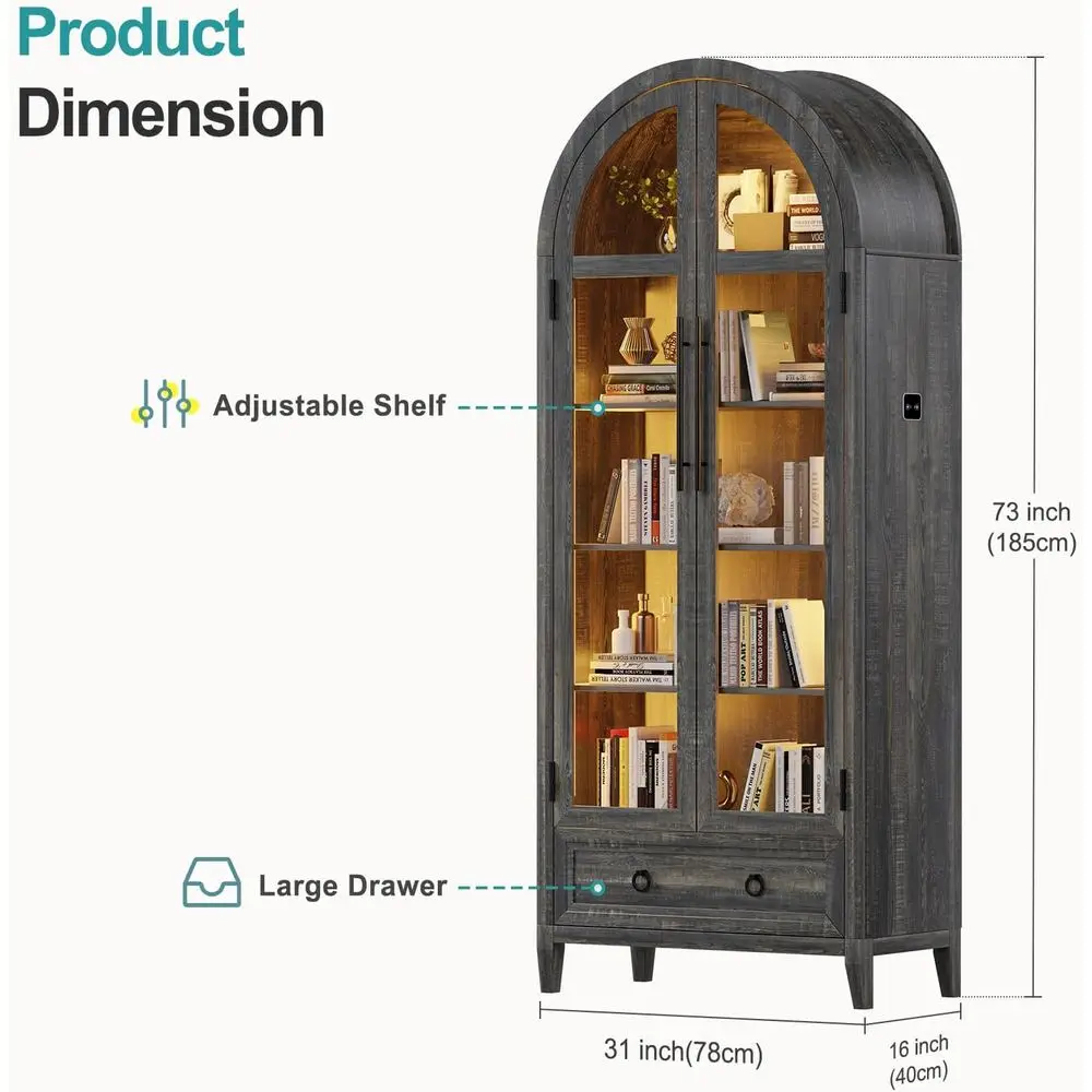 73 Arched Glass Display Cabinet with 4-Tier, Human Body Sensor, LED Lights for Collectibles, Adjustable Shelves, Brown view 2