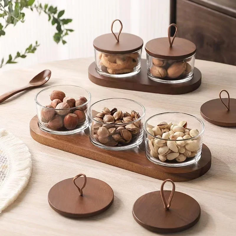 Glass Dried Fruit Plate Japanese Glass Storage Bottle with Wooden Lid Dried Fruit Snack Compartment Tray Household Snack Tray