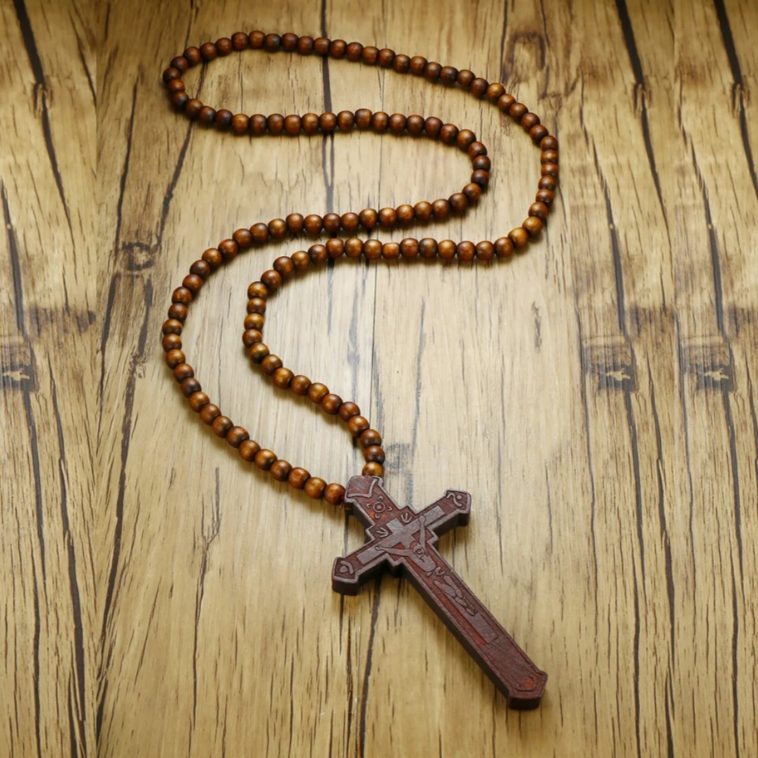 Rosenkranz-Halskette, großer Holz-Jesus-Christus-Kreuz-Anhänger mit Holzperlen, Pullover-Kette, Schmuck, Geschenk für Papa, Freund, Valentinstag – Detail 3