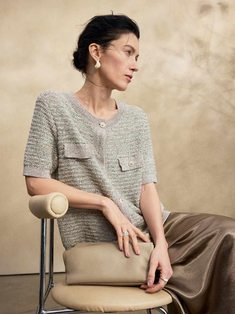 Mannala nut Hollow Knitted Sweater Gold And Silver Linen Yarn Woven ort Sve Women's Faion Summer Light Weight Top