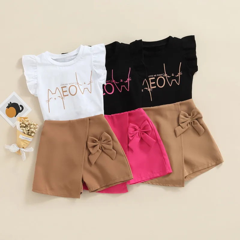 Children Kid Girl Short Sets Summer Clothes 2023 Outfits Fly Sleeve Cartoon Letter Tops Solid Color Bow-Knot Decor Skirts Set