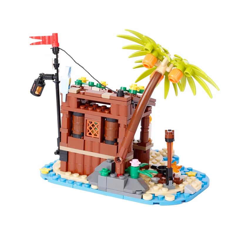 MOC Medieval Pirate Bar Model Building Blocks Kit Parrot Log Cabin Island House Bonfire Tree Sail Boat Ship Bricks Toys Gift