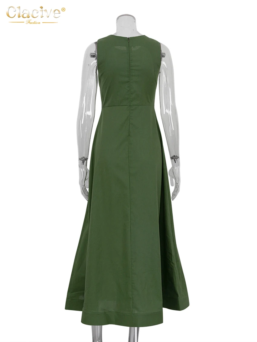 Clacive Casual Green Cotton Women\'S Dress Summer O-Neck Sleeveless Ankle Length Dresses Elegant Classic High Waist Female Dress