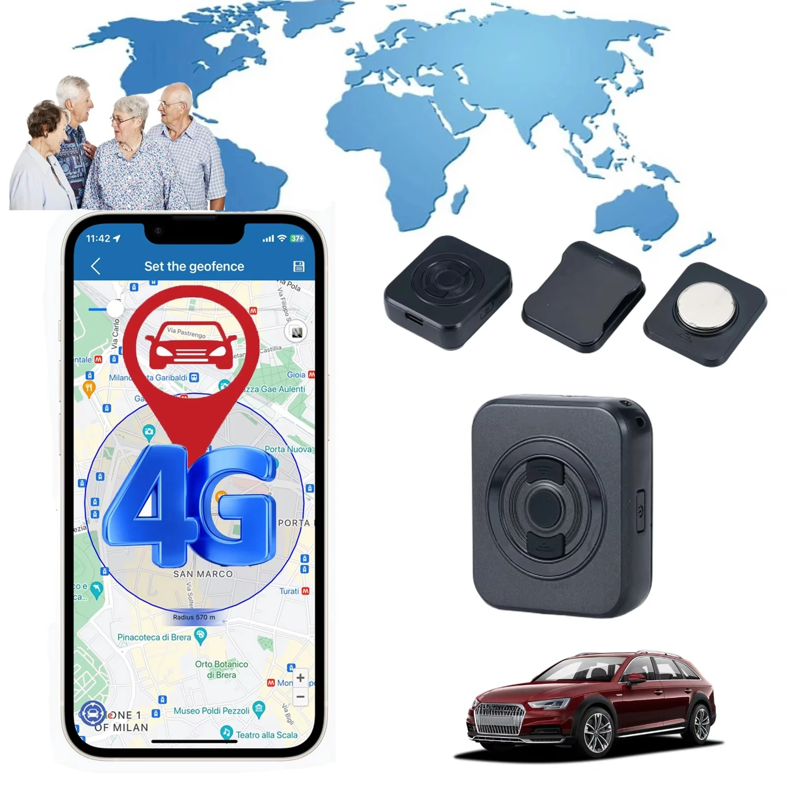 Winnes TKS1 Mini Global 4G GPS Trackers Long Standby for vehicle/ Kids etc.  with SOS Button GSM GPRS Positioning phone/PC Track