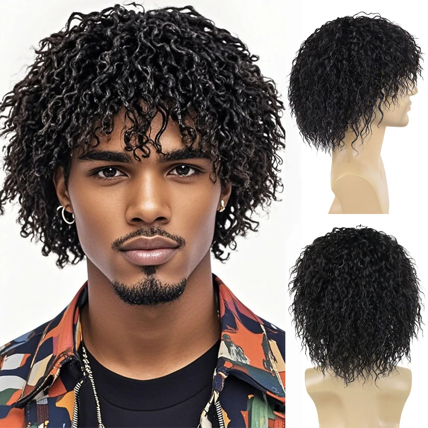 Mens Wig Synthetic Short Afro Perm Curly Black Wig with Bangs Heat Resistant Daily Costume Cosplay Hair Replacement Wigs for Men