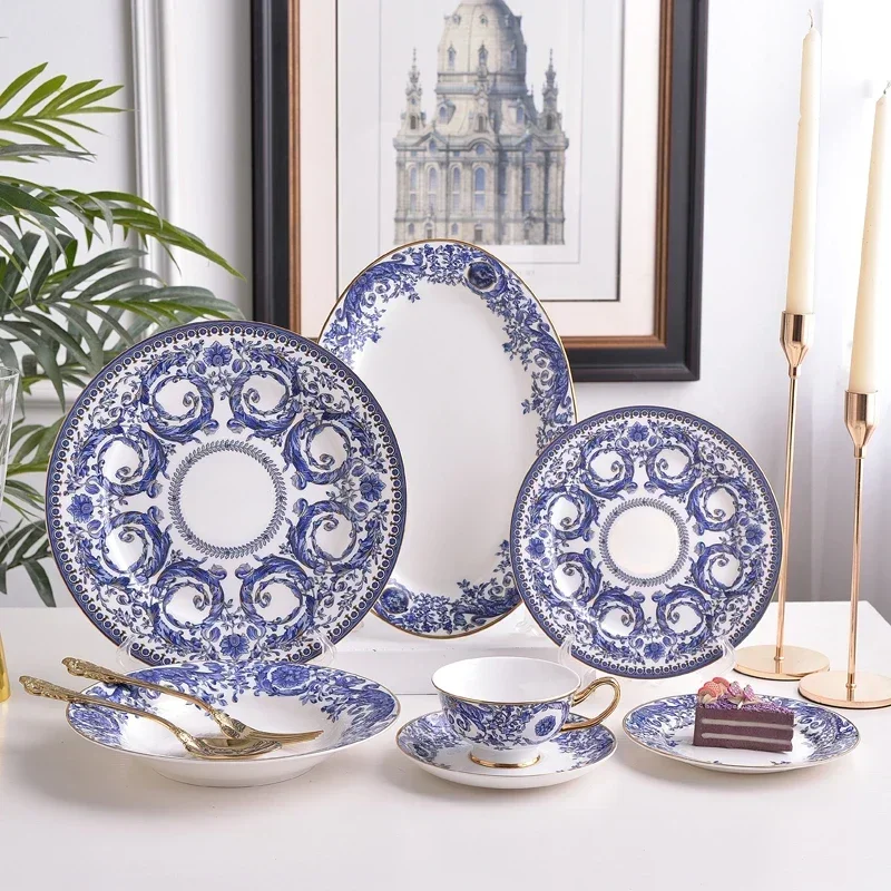 

Blue and White Orchid Tableware Flat Western Cuisine Plate Dim Sum Display Plate Cup and Saucer Fish Dish Soup Juego De Vajilla