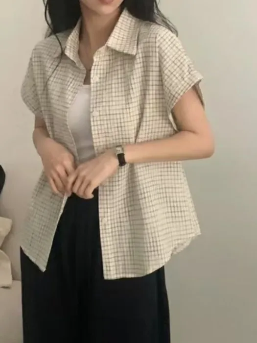 

Шикарная летняя женская рубашка в клетку с коротким рукавом, свободного кроя, с пуговицами на манжетах, с эффектом похудения, классический воротник, модный женский топ