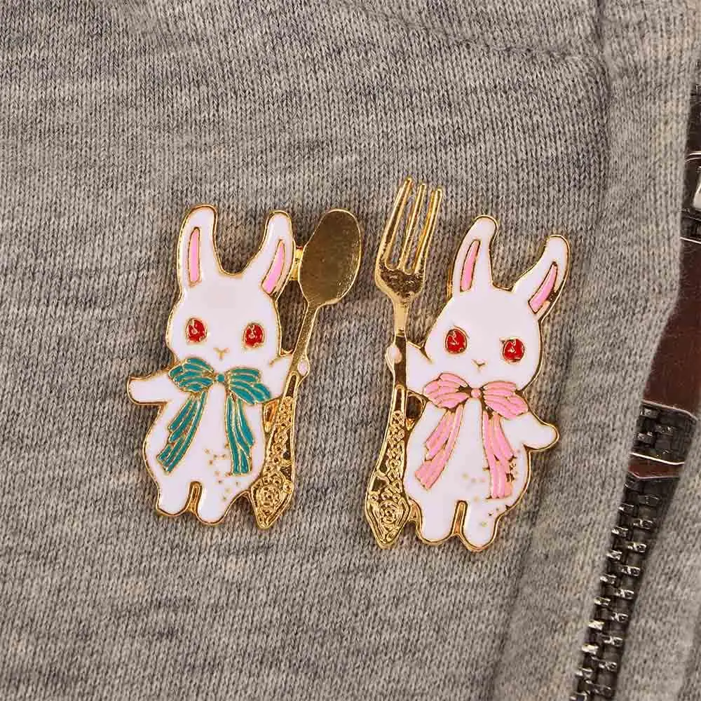 Enamel Magic Blue Pink Pastel Fork Spoon Foodie Rabbit Brooch Pin Collar Accessories Fashion Jewelry Bunny Badge