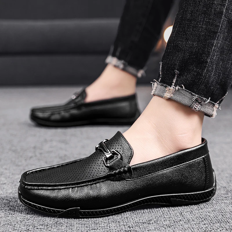 Summer Men's Loafers Breathable Hollow Out Casual Shoes Men Driving Shoes British Style Pu Leather Shoes Man Comfy Slip-on Shoes