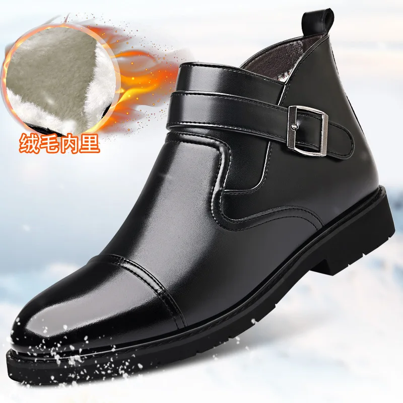Fashion Decent High Top Men's Formal Dress Shoes Winter Ankle Boots 2026 Square Heel Black Warm Thick Plush Short Boots Office
