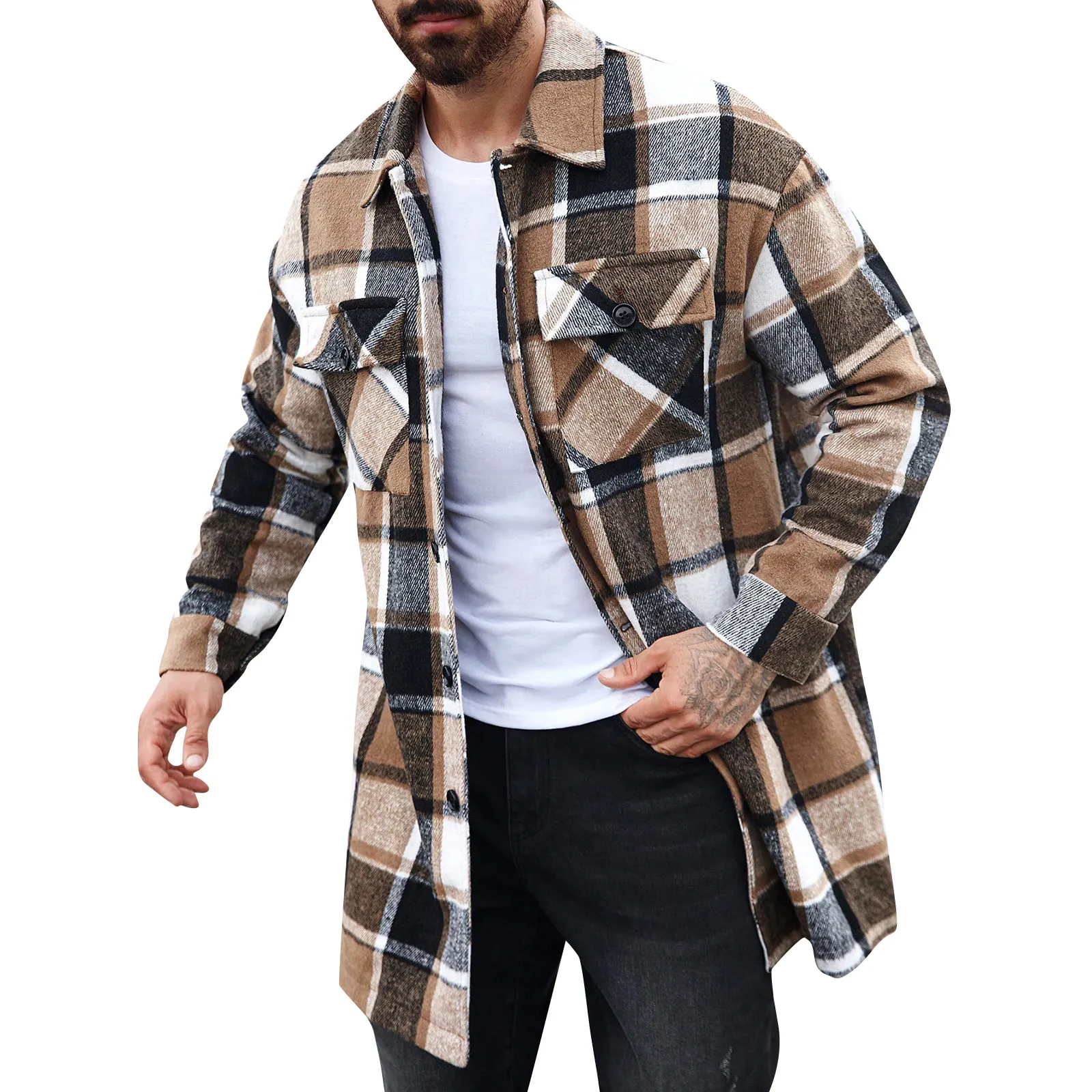 

Мужская длинная куртка-рубашка, повседневная спортивная ветровка на длинных пуговицах, клетчатая винтажная рубашка, длинная рубашка на одной пуговице, куртки 2025