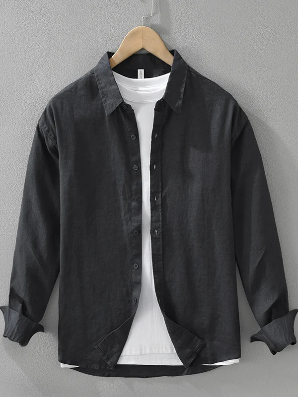 Pure Linen Long Sleeve Shirt Men Summer Thin Casual Loose Multi-color Versatile Basic Style Breathable Fashion Urban Style