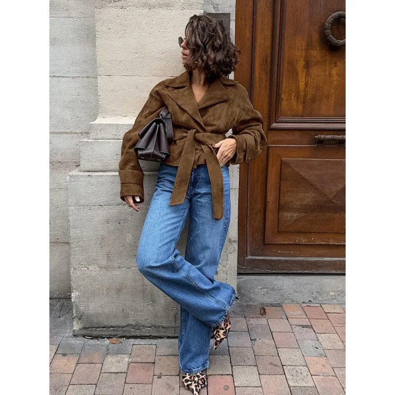 

Модная короткая замшевая куртка, женское двубортное пальто с поясом, простой дизайн, европейский стиль, новое поступление