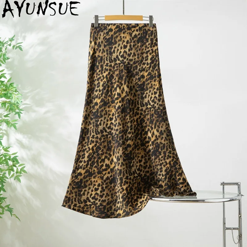 AYUNSUE 100% Silk Women's Skirts Stylish A-line Fishtail Skirts for Women High Waist Leopard Printed Long Skirt Woman Clothes