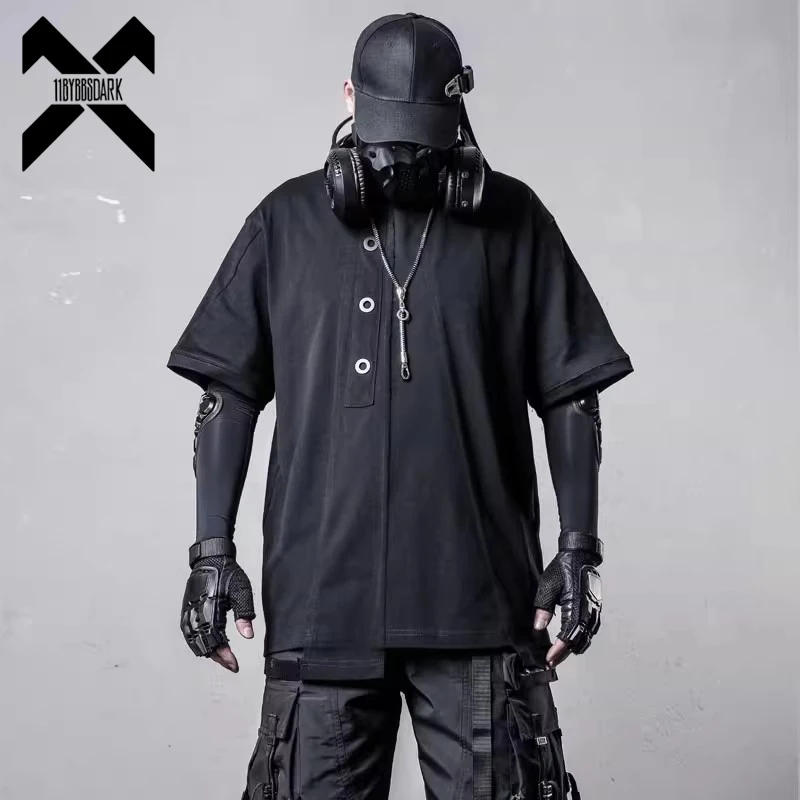 Hip Hop Tactical T-Shirt for Men 2025 Summer Irregular Patchwork Cotton Tshirts Hip Hop Streetwear Mens Loose Tops Tees Black