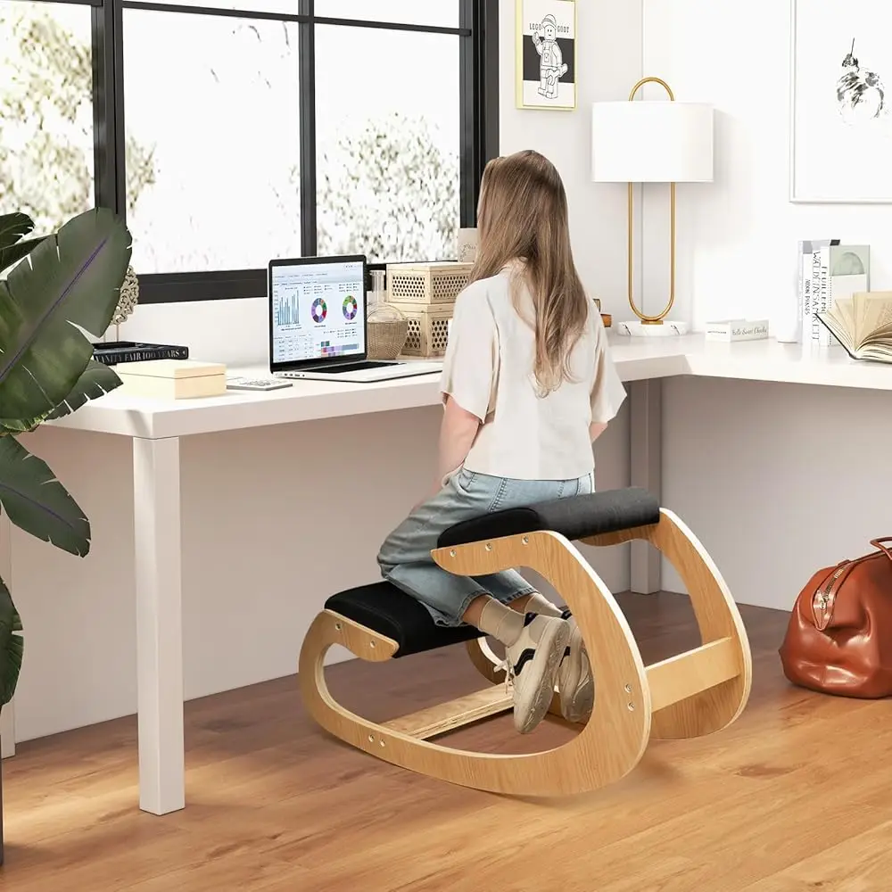 Ergonomic Kneeling Desk Chair, Rocking Knee Chair With Cushion & Solid Wood Frame, Natural Relief For Ne Or Ba Pain, Posture