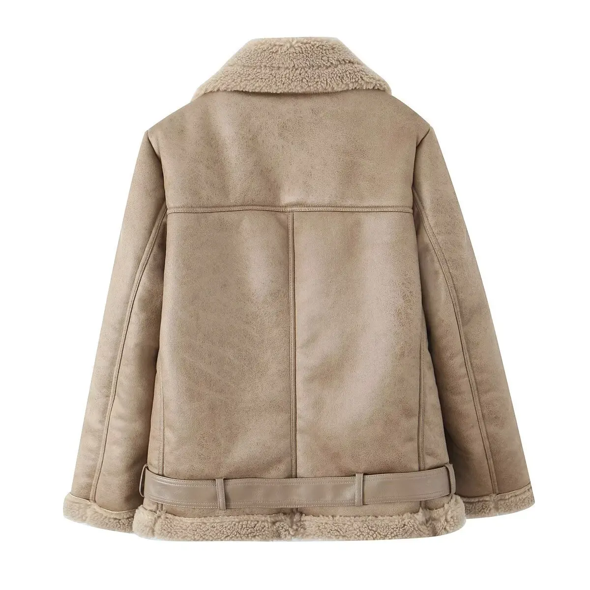 

Woman Zip-up Fluffy Top Belted Zipper Patchwork Faux Fur Jacket with Belt Leather and Fur Plush Coat Winter Thick Furry Jackets
