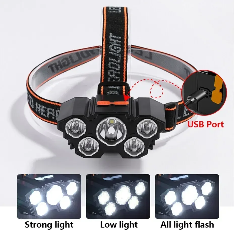 5 LED Strong Light Headlamp Built in 18650 Battery USB Rechargeable Head Flashlight Outdoor Ultra Bright Fishing Camping Lamp