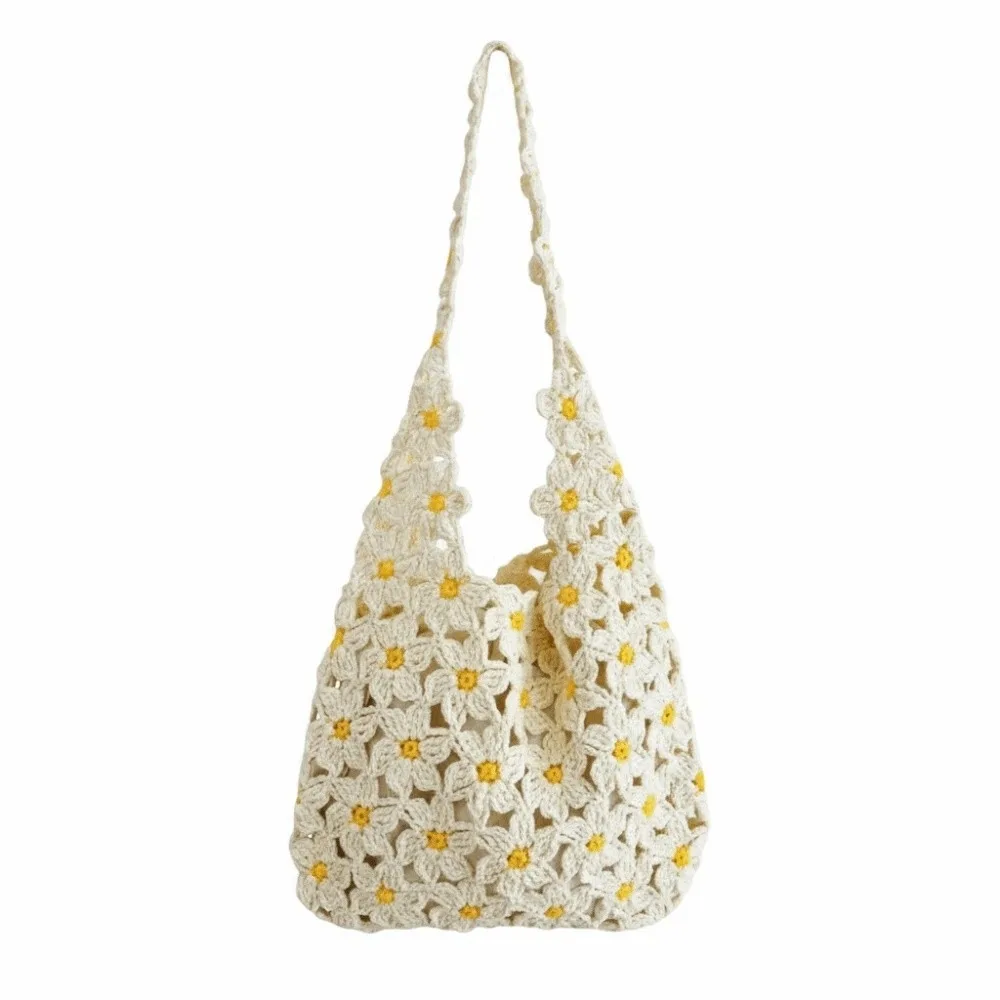 

Large Capacity Crochet Floral Tote Eco-Friendly Cotton Drawstring Inner Liner Hand-Knitted Hobo Bag Artisan Craftsmanship