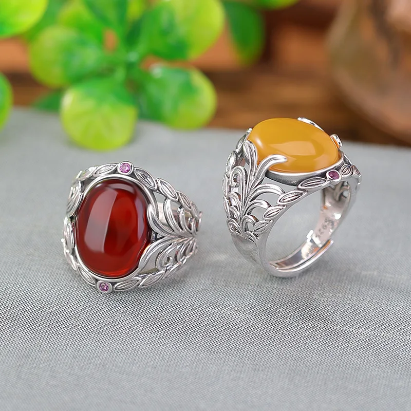 

S925 Sterling Silver Blood Amber Wheat Spike Surface Hollow Leaf Ring