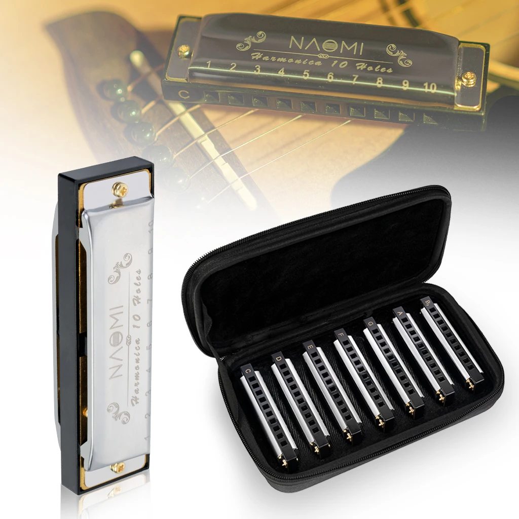 

NAOMI Standard Beginner Diatonic Blues 7PCS Harmonica 10 Holes Key Of C Jazz Rock Folk Music Musical Instrument SET