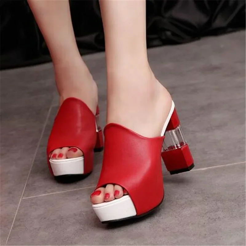 Ladies Leather Sole Slippers Women Sexy High Thick Heel 12cm Mules Black Red White Peep Toe Platform PU Sandals Shoes Breathable