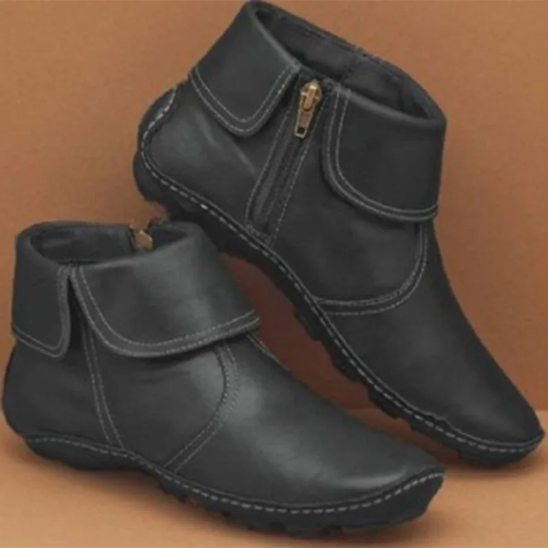 

2025 Women Fashion Boots Solid Color Flat Zipper Short Boots Round Toe Shoes Vintage and Casual Shoes Women Zapatos De Mujer