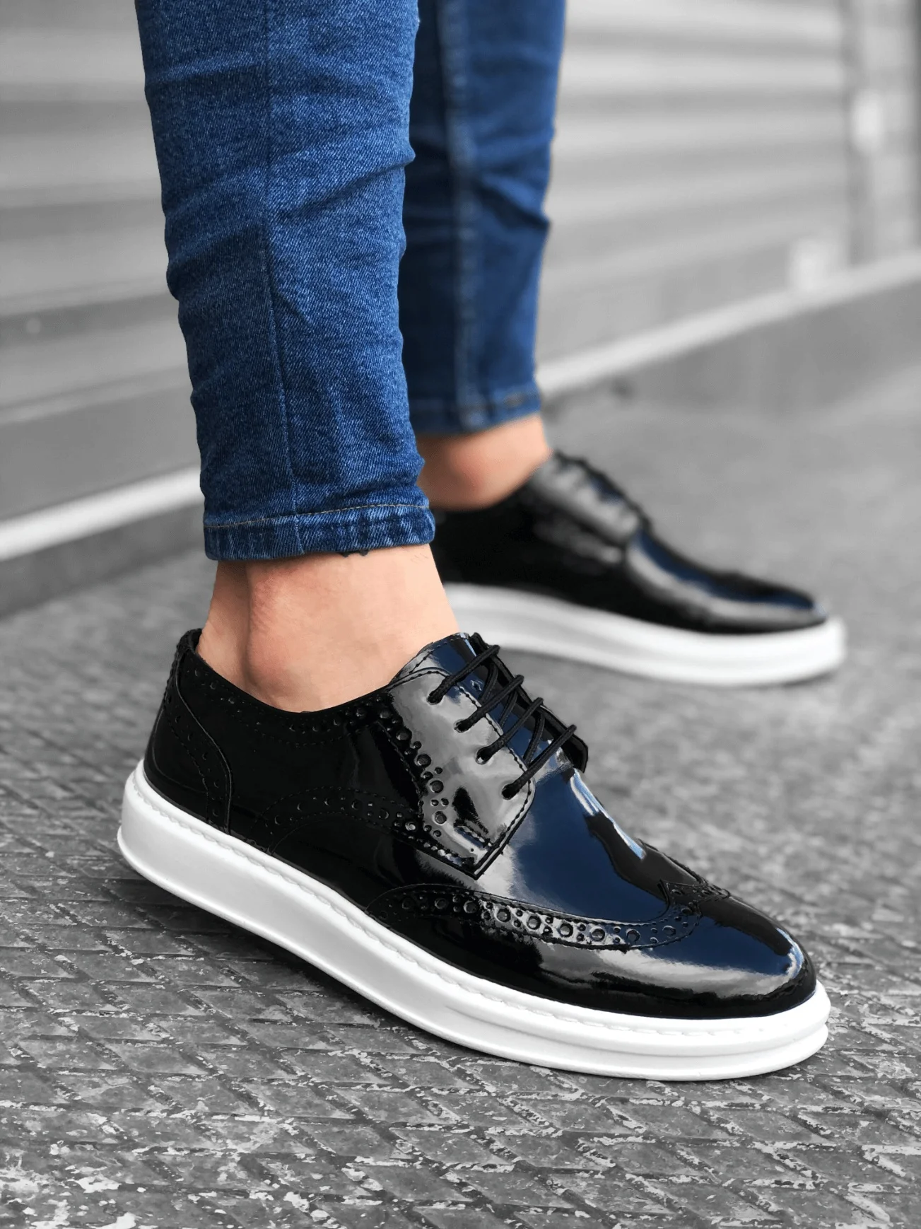 Ba0003 laço-up clássico preto branco sola de couro patente alta sola sapatos masculinos casuais