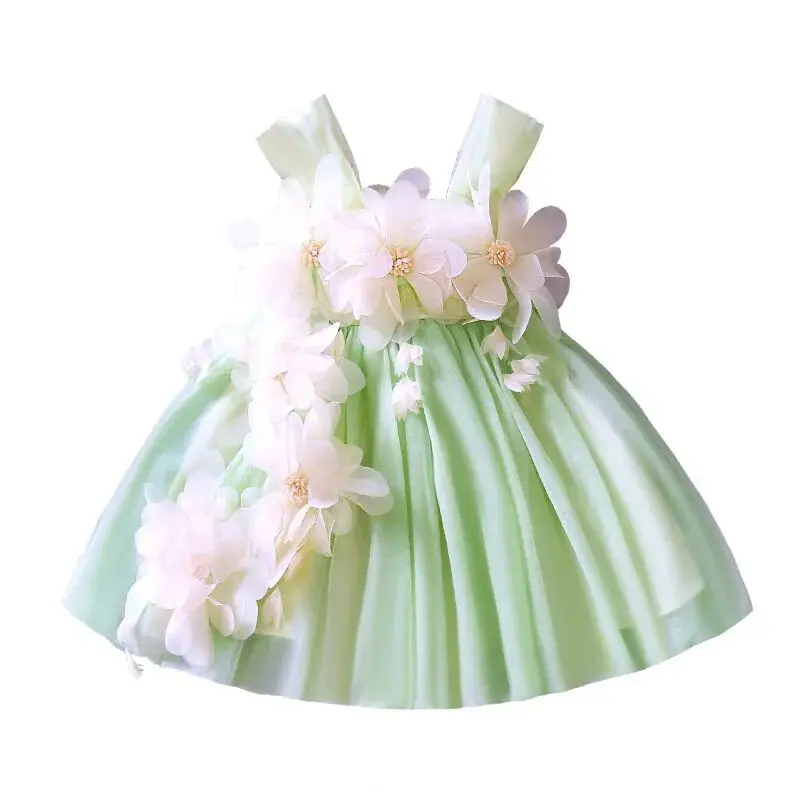 Summer Girls' Princess Party Birthday Dress Flower Strap Fairy Embroidered Mesh Dress