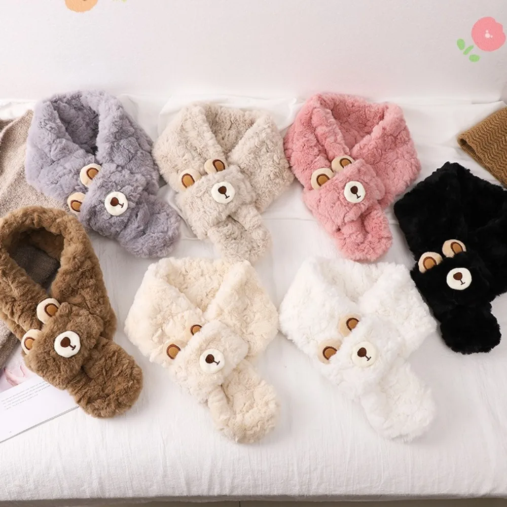 Sweet Style Cartoon Bear Women's Winter Scarf Large Solid Color Cross Neck Scarf Neck Wrap Thicken Flocking Scarfs Winter