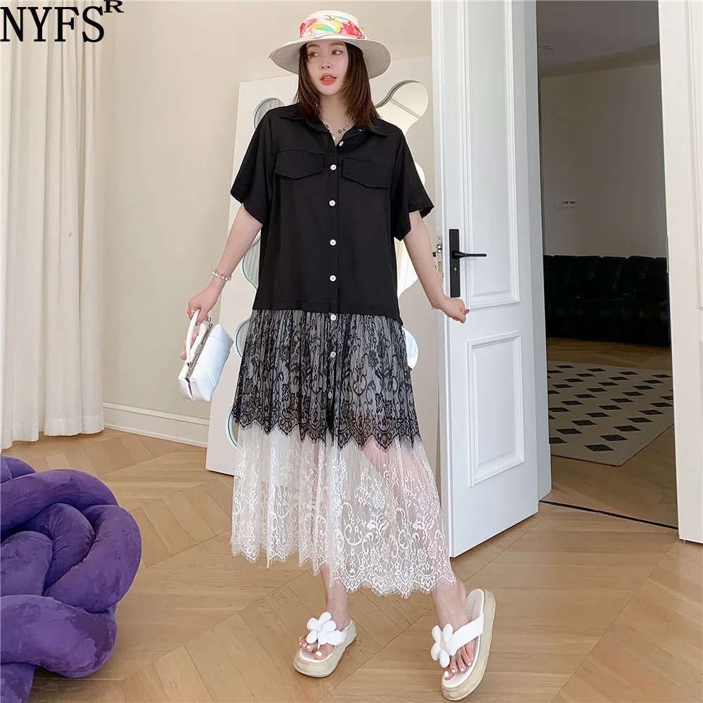 NYFS 2024 Summer New Korea Woman Dress Vestidos Robe Elbise Plus Size Hemp Patchwork Lace Short Sleeve Shirt Dress