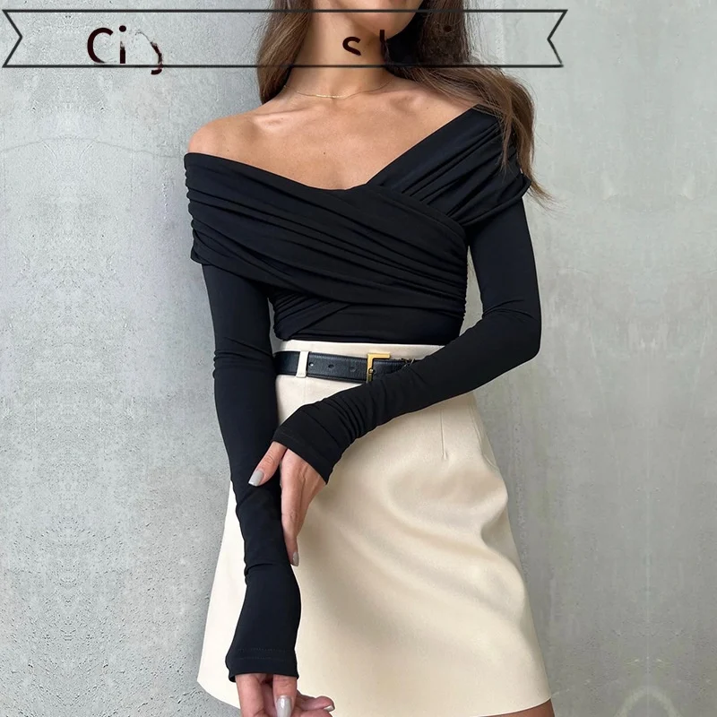 

Sexy Strap Slim Fit Hollow Top with Par Slit Long Sve One oulder Ultra Thin High Waist Five Pants for Women