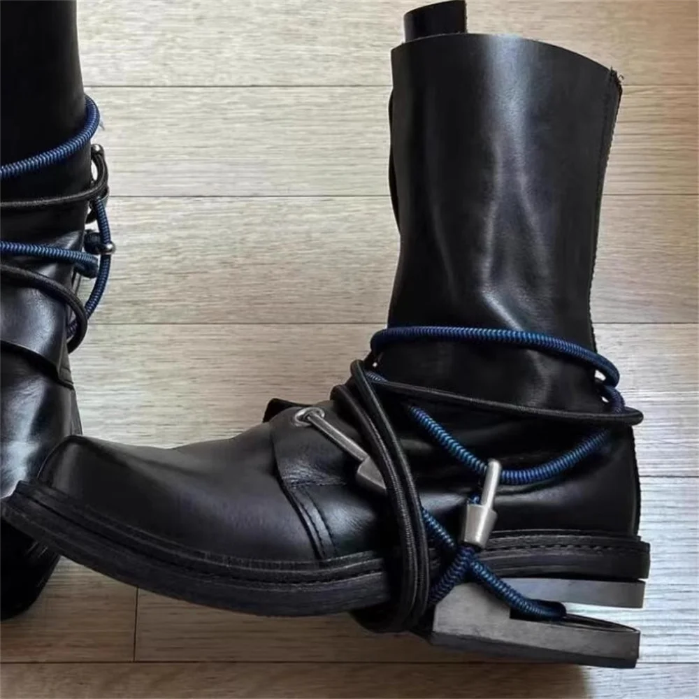 90S أحذية خمر للرجال جلد أسود جولة تو كابل المشي لمسافات طويلة السنانير الأشرطة المعدنية كعب سميك الدانتيل متابعة منتصف العجل التمهيد الذكور الأحذية #4