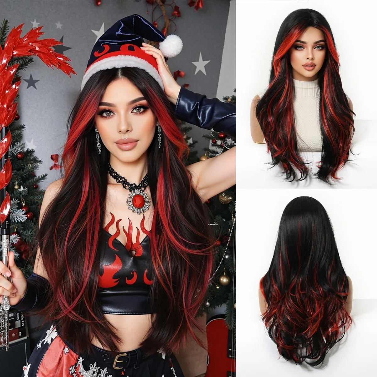 

Long Wave Synthetic Black Red Highlights Wigs for Women Use Middle Part Wig Daily Christmas Party Wigs Heat Resistant Fiber