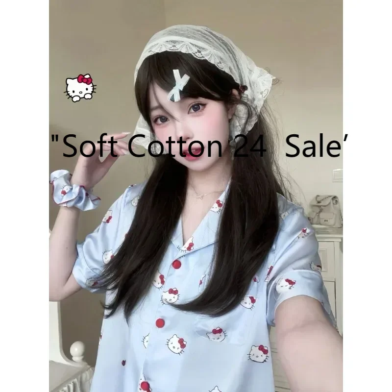 

Summer new blue lapel cute cartoon i Hello Kitty pajamas short sleeves shorts cute loungewear two-piece set